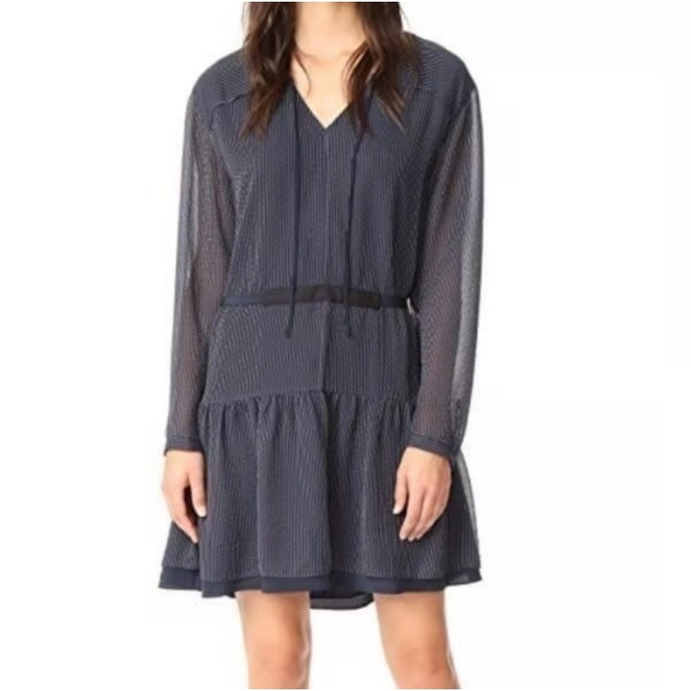Rag‎ & Bone Navy Blue Pinstripe Silk Blend V-Neck Long Sleeve Mini Dress XS